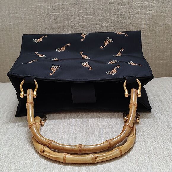 Prezzo Embroidered Giraffe Black Mini Tote Bag with Bamboo Handles - Picture 7 of 10